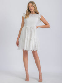 WOMEN'S SLEEVELESS EYELET TIERED MINI DRESS