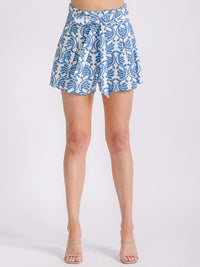 WOMEN'S ZIPPER CLOSURE FRONT POCKETS SELF TIE MULTI PRINT MINI SHORTS