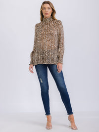 WOMEN'S LONG SLEEVE TURTLE NECK KEY HOLE SHIMMER ANIMAL PRINT BLOUSE