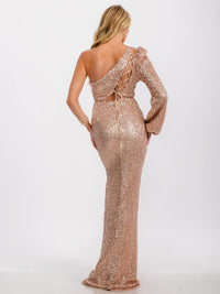 WOMEN'S SLEEVELESS ONE SHOULDER BACK DETAILED SEQUINS MAXI DRESS