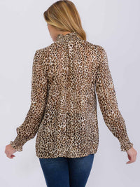 WOMEN'S LONG SLEEVE TURTLE NECK KEY HOLE SHIMMER ANIMAL PRINT BLOUSE