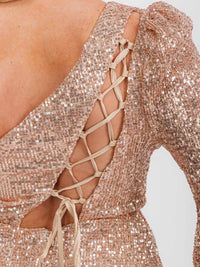 WOMEN'S SLEEVELESS ONE SHOULDER BACK DETAILED SEQUINS MAXI DRESS