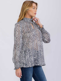 WOMEN'S LONG SLEEVE TURTLE NECK KEY HOLE SHIMMER ANIMAL PRINT BLOUSE