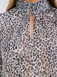 WOMEN'S LONG SLEEVE TURTLE NECK KEY HOLE SHIMMER ANIMAL PRINT BLOUSE