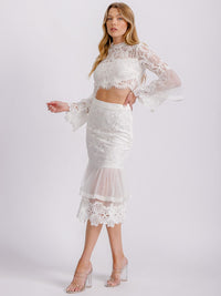 WOMEN'S LONG RUFFLE SLEEVE CROP TOP & ZIP UP MIDI SKIRT LACE 2PC. SET