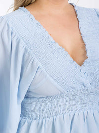 PLUS SIZE SHORT SLEEVE V-NECK SMOCK WAIST PEPLUM BLOUSE