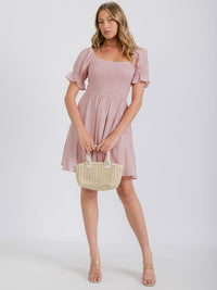 WOMEN'S SHORT SLEEVE SMOCKED TIERED MINI DRESS