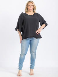PLUS SIZE SHORT SLEEVE BACK RUFFLE TUNIC BLOUSE