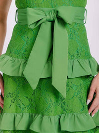 WOMEN'S SLEEVELESS HALTER NECK RUFFLE TIERED LACE SELF TIE MIDI DRESS