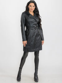 WOMEN'S LONG SLEEVE BUTTON CLOSURE PU PLEATHER COAT