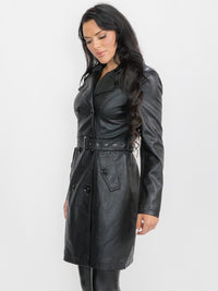WOMEN'S LONG SLEEVE BUTTON CLOSURE PU PLEATHER COAT