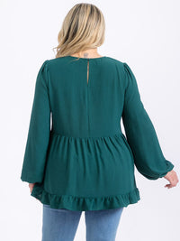 PLUS SIZE LONG SLEEVE V-NECK RUFFLE HIGH-LOW BLOUSE