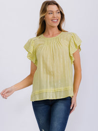 WOMEN'S SHORT RUFFLE SLEEVE SHIMMER DETILED TUNIC BLOUSE