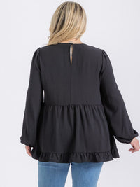 PLUS SIZE LONG SLEEVE V-NECK RUFFLE HIGH-LOW BLOUSE