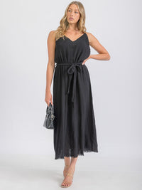 WOMEN'S SLEEVELESS V-NECK GAUZE BELTED MAXI DRESS