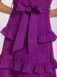 WOMEN'S SLEEVELESS HALTER NECK RUFFLE TIERED LACE SELF TIE MIDI DRESS