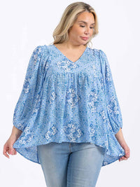 PLUS SIZE LONG SLEEVE V-NECK MULTI PRINT HIGH-LOW BLOUSE