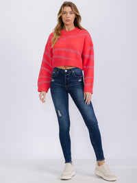 WOMEN'S LONG SLEEVE COLORBLOCK STRIPES PULLOVER SWEATER