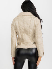 WOMEN'S LONG SLEEVE SHERPA LINING ZIPPER CLOSURE FRONT POCKETS PU PLEATHER JACKET