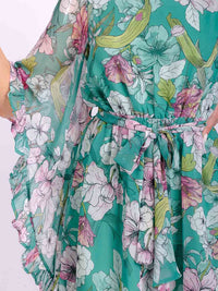 WOMEN'S SHORT BELL SLEEVE ELASTIC WAIST SELF TIE FLORAL MINI DRESS