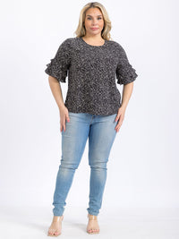 PLUS SIZE SHORT RUFFLE SLEEVE ANIMAL PRINT BLOUSE