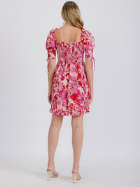 WOMEN'S SHORT SLEEVE FLORAL SMOCKED SATIN MINI DRESS
