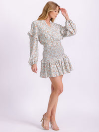 WOMEN'S LONG SLEEVE V-NECK SMOCK BELTED BUTTON UP FLORAL MINI DRESS