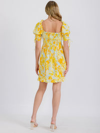 WOMEN'S SHORT SLEEVE FLORAL SMOCKED SATIN MINI DRESS