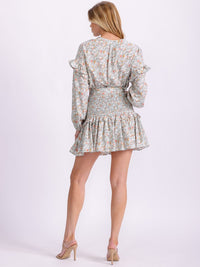 WOMEN'S LONG SLEEVE V-NECK SMOCK BELTED BUTTON UP FLORAL MINI DRESS