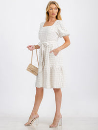 WOMEN'S SHORT PUFF SLEEVE SQUARE NECK TIERED POCKETS MIDI DRESS