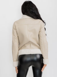 WOMEN'S LONG SLEEVE FAUX FUR LINING ZIPPER CLOSURE FRONT POCKETS PU PLEATHER JACKET
