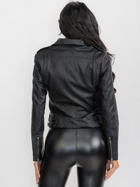 WOMEN'S LONG SLEEVE ZIP UP POCKETS PU PLEATHER JACKET
