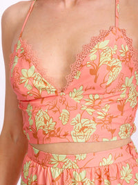 WOMEN'S SLEEVELESS SMOCK CROP TOP & ZIP UP MAXI SKIRT LACE FLORAL 2PC. SET