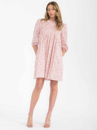 WOMEN'S 3/4 SLEEVE FRONT POCKETS TUNIC FLORAL MINI DRESS