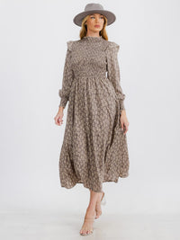 WOMEN'S LONG SLEEVE FRONT POCKET FLOWER SMOCK MAXI DRESS