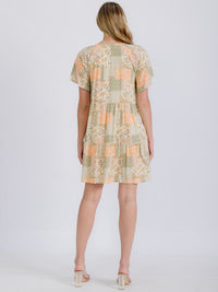 WOMEN'S SHORT SLEEVE BOARDER PRINT V-NECK MINI DRESS