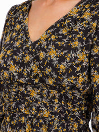 WOMEN'S LONG SLEEVE V-NECK ELASTIC WAIST FLOWER MAXI DRESS