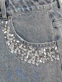 WOMEN'S BUTTON CLOSURE POCKETS STUDS DETAILED DENIM MINI SKIRT