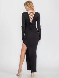 WOMEN'S LONG SLEEVE BODYCON OPEN BACK SIDE SLIT MAXI DRESS