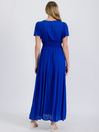 WOMEN'S SHORT SLEEVE SURPLICE SMOCK WAIST TIERED MAXI DRESS