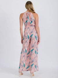 WOMEN'S SLEEVELESS HALTER NECK FLORAL BELTED JUMPSUIT