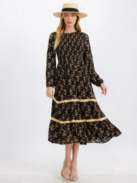 WOMEN'S LONG SLEEVE FRONT POCKETS SMOCK FLOWER MAXI DRESS