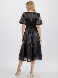 WOMEN'S SHORT PUFF SLEEVE SELF TIE SURPLICE SATIN TIERED MIDI DRESS