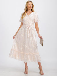 WOMEN'S SHORT PUFF SLEEVE SURPLICE FRONT POCKETS FLORAL SATIN MAXI DRESS