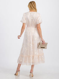 WOMEN'S SHORT PUFF SLEEVE SURPLICE FRONT POCKETS FLORAL SATIN MAXI DRESS