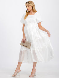 WOMEN'S SHORT PUFF SLEEVE SQUARE NECK SATIN MAXI DRESS