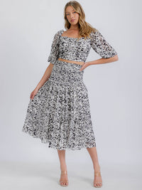 WOMEN'S SHORT SLEEVE SMOCKED BACK TOP & ELASTIC WAIST MIDI SKIRT ANIMAL 2PC. SET