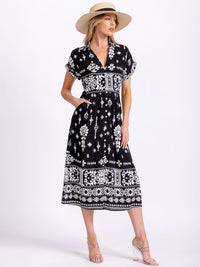 WOMEN'S SHORT SLEEVE BUTTON UP FRONT POCKETS MULTI PRINT MIDI DRESS