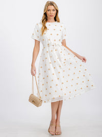 WOMEN'S SHORT SLEEVE SELF TIE SWISS DOTS MIDI DRESS