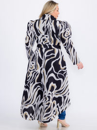 PLUS SIZE LONG SLEEVE BUTTON CLOSURE SELF TIE PRINTED HIGH LOW COAT